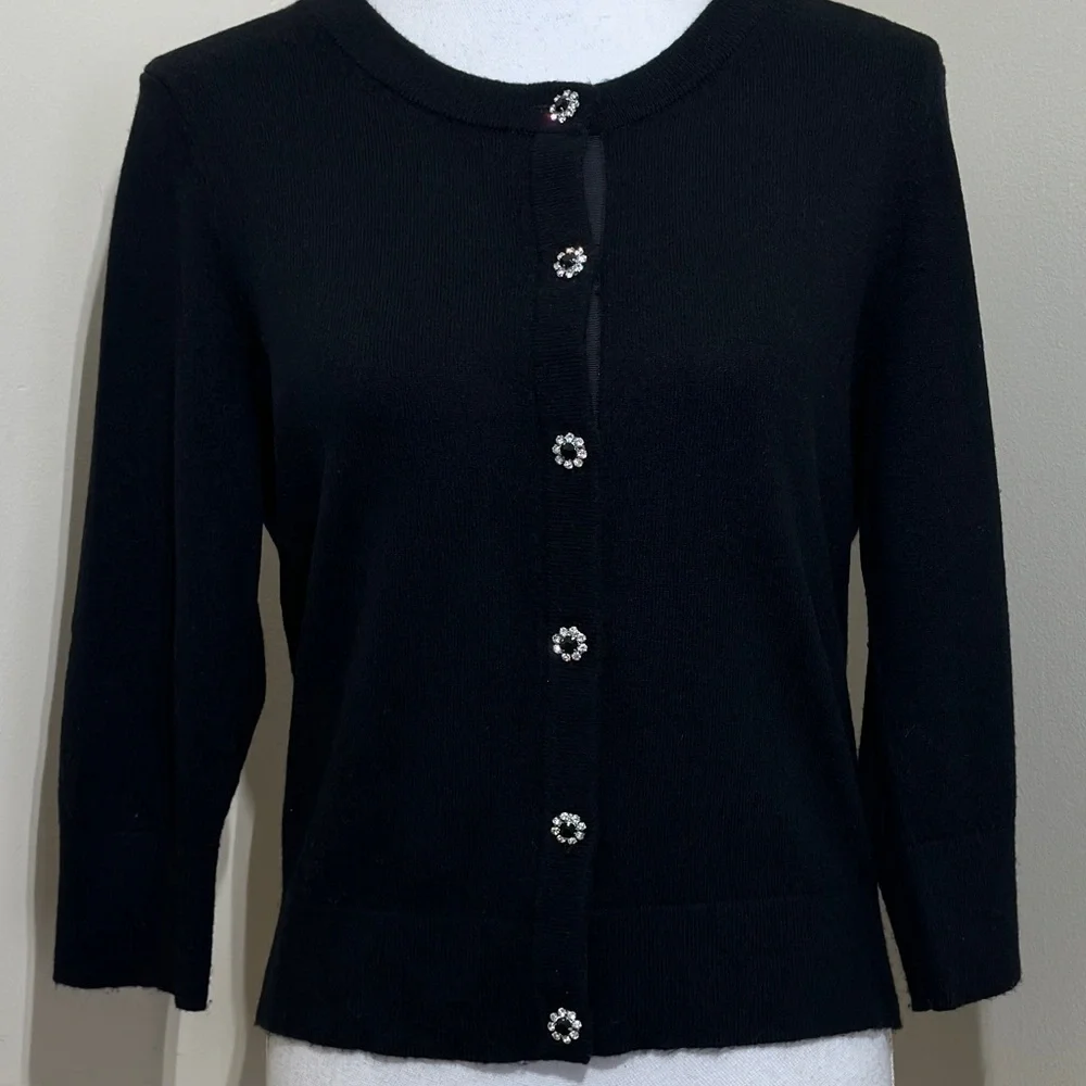 Kate Spade New York Black Wool Blend Cardigan Sweater Rhinestone Flower Buttons